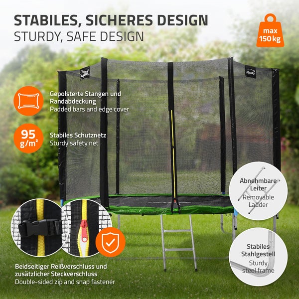 Hauki Trampolin Outdoor, Ø244 cm, Grün, GS geprüft, Rundes Gartentrampolin für Kinder bis 150 kg, Komplettset mit Sicherheitsnetz, Leiter, Randabdeckung, Gepolsterte Stangen, Stabile Kindertrampolin