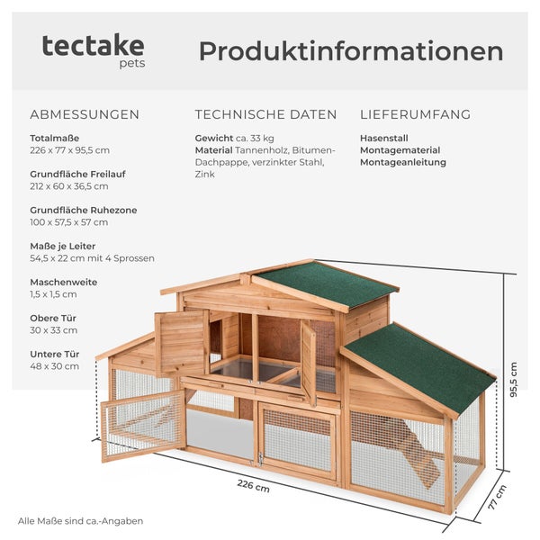 Technische Zeichnung eines Tectake Pets Hasenstalls aus Tannenholz mit Maßen, Gewichtsangaben und Lieferumfang.