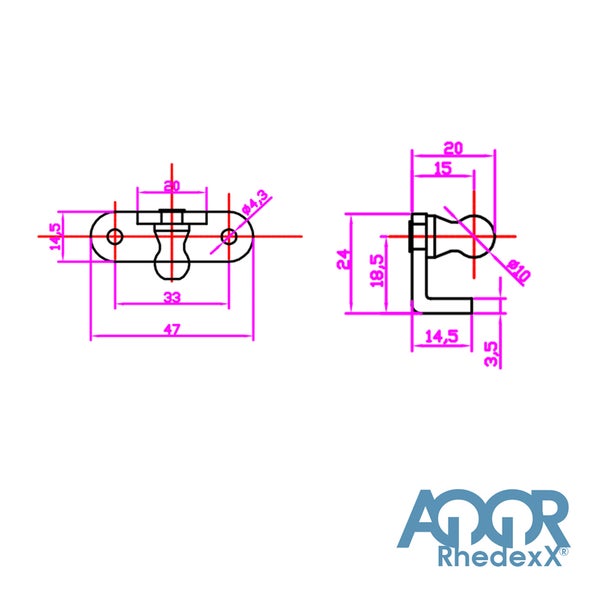 Technische Zeichnung mit Maßangaben in Millimeter für ein Beschlagteil und AQOR RhedexX Logo.