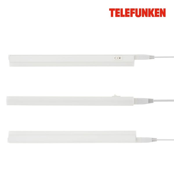 Telefunken LED Unterbauleuchte aus Kunststoff in Weiß mit Schalter und Netzkabel aus verschiedenen Ansichten und Telefunken Logo.