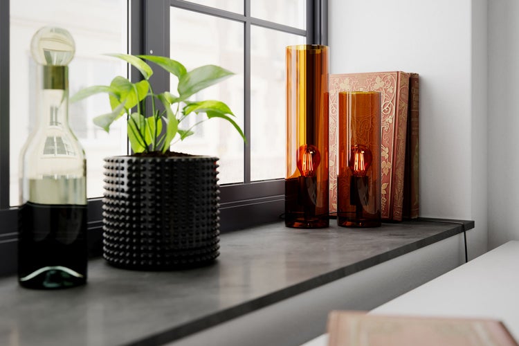 Dekorative Inneneinrichtung mit Pflanze im Topf, zwei Lampen und Büchern auf einer Fensterbank.