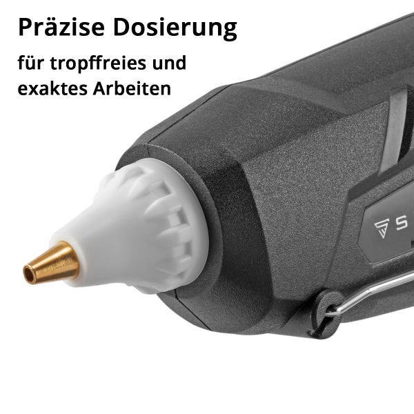 Detailansicht einer Heißklebepistole mit Präzisionsdüse