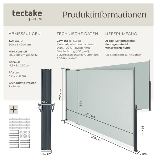 Infografik zur tectake garden Doppel-Seitenmarkise mit Abmessungen, technischen Daten und Lieferumfang inklusive Montagematerial.