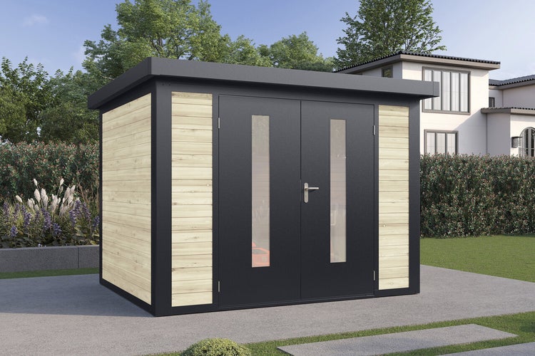 Modernes Gartenhaus mit Flachdach und Doppelflügeltür aus Holz und Metall in einem gepflegten Garten mit Rasenfläche und Hecken.