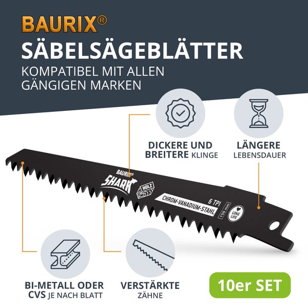 BAURIX® [LONG LIFE] Säbelsägeblätter, 10 Stück, Sägeblatt Säbelsäge für schnelle und saubere Schnitte, Säbelsägeblatt Set mit Tasche I Säbelsägeblätter für Holz, Frischholz und Metall