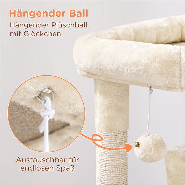 Detailansicht eines Katzenkratzbaums mit einem austauschbaren Plüschball mit Glöckchen.