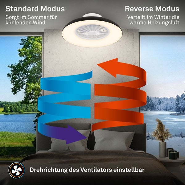 Deckenventilator mit einstellbarer Drehrichtung zur Kühlung im Sommer und Verteilung warmer Heizungsluft im Winter
