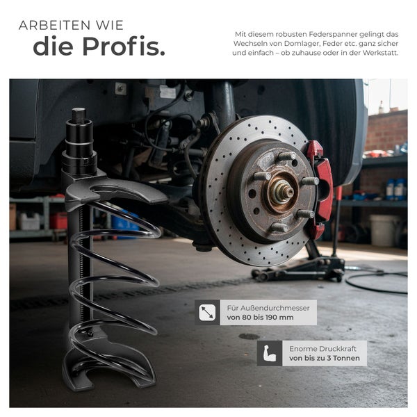 Federspanner aus Metall beim Komprimieren einer Fahrwerksfeder in einer Werkstatt, geeignet für Durchmesser von 80 bis 190 Millimeter.