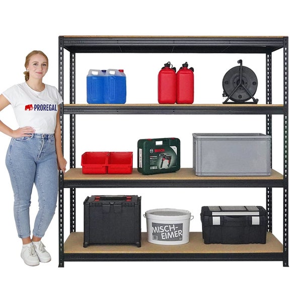 PROREGAL Mega Deal 4x Profi Schwerlastregal Bison HxBxT 200 x 200 x 60 cm 4 Fachböden Fachlast 600 kg Schwarz