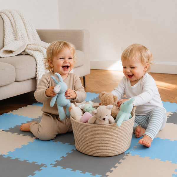 Zwei Kleinkinder spielen auf einer Puzzlematte mit Kuscheltieren in einem Korb in einem hellen Wohnzimmer.