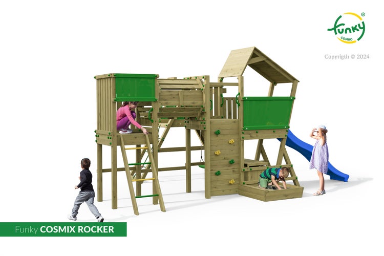 Funky COSMIX ROCKER Spielturm aus Holz mit blauer Rutsche, Kletterwand, Sandkasten und Leiter, auf dem Kinder spielen.