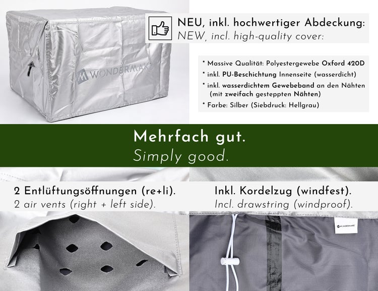 WONDERMAKE® Design Sitzgruppe Sitzgarnitur Holz mit Abdeckung Outdoor Garten Balkon 4 Personen Plätze, Essgruppe Möbel-Set Essgarnitur draußen außen, 4-teilig: Tisch Sitzbank Stühle Hocker, weiß grau
