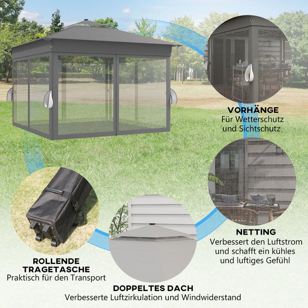 Outsunny Faltpavillon ca. 3 x 3 m, Pavillon mit LED, 4 Netzvorhängen, Seitenwand, Gartenpavillon mit Wassersack, Doppeldach, Tragetasche, für Balkon, Terrasse, Dunkelgrau