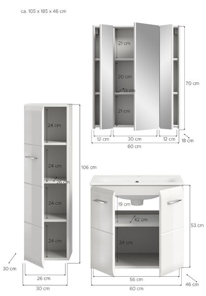 Dreiteiliges Badezimmermöbel-Set bestehend aus Spiegelschrank, Hochschrank und Waschtischunterschrank mit Waschbecken, inklusive Maßangaben.