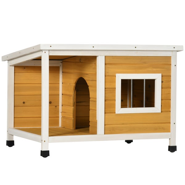 PawHut Hundehütte, Tannenholz, Hundehaus mit Terrasse und aufklappbarem Asphaltdach, Hütte für kleine Hunde, Indoor, Outdoor, wetterfest, Orange, 85,5 x 62 x 60 cm