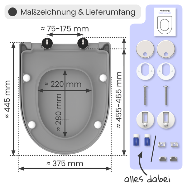 Maßzeichnung und Lieferumfang eines Toilettensitzes mit Zubehör und Maßangaben