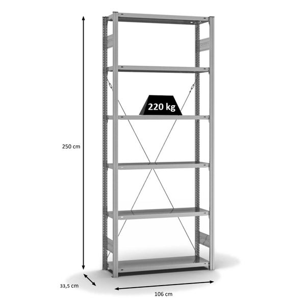 PROREGAL Fachbodenregal Stecksystem T-Profil Medium-Duty Grundregal HxBxT 250 x 100 x 30 cm 6 Ebenen Fachlast 220 kg Einseitig Nutzbar Verzinkt