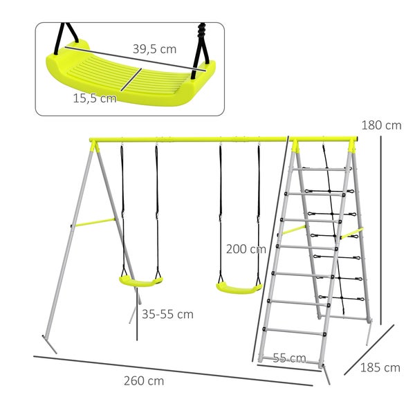 Outsunny Kinderschaukel-Set Schaukelgerüst aus Metall, Schaukelgestell mit Doppelschaukel, Kletternetz, Sprossenleiter, Gartenschaukel für Kinder 3-8 Jahre, Stahl, Grün