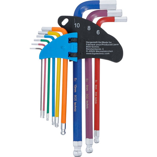 BGS technic Winkelschlüsselsatz aus S2 Stahl, neunteilig, mit Kugelkopf im Halter.