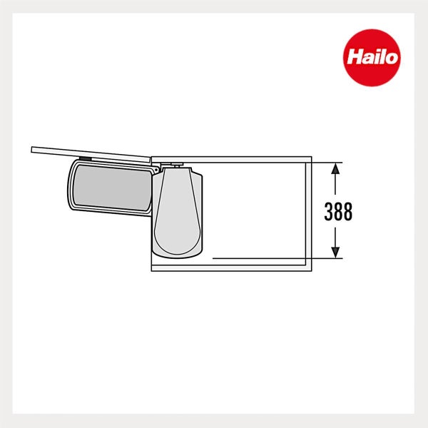 Technische Zeichnung eines Hailo Abfallsammlers mit einem Höhenmaß von 388 Millimetern sowie Hailo Logo.