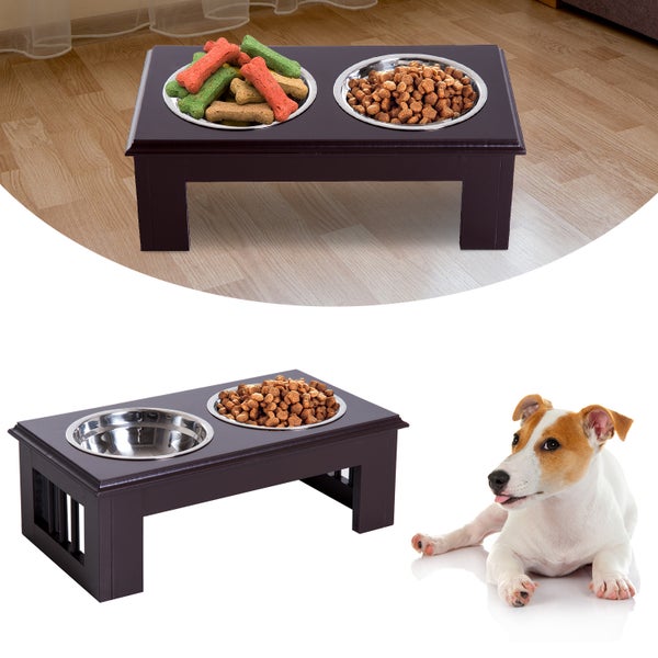 Erhöhte Futterstation aus dunklem Holz mit zwei Edelstahlnäpfen für Hunde.