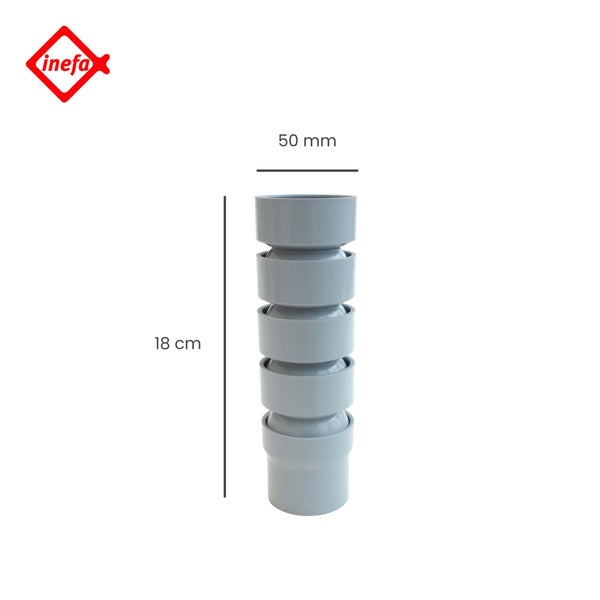 Inefa Logo. Graues flexibles Fallrohr-Verbindungselement aus Kunststoff, Durchmesser 50 Millimeter, Länge 18 Zentimeter.