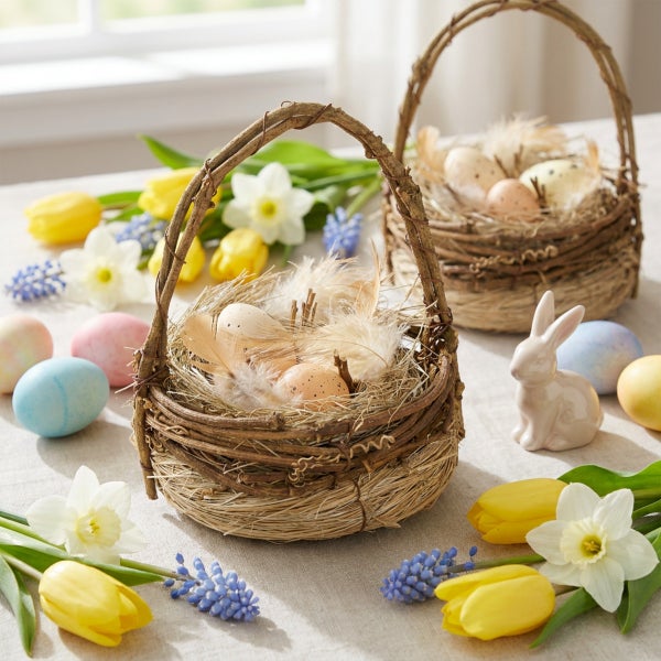 Zwei geflochtene Weidenkörbe mit Ostereiern, Federn und Osterdekoration auf einem Tisch mit Narzissen, Tulpen und Traubenhyazinthen.