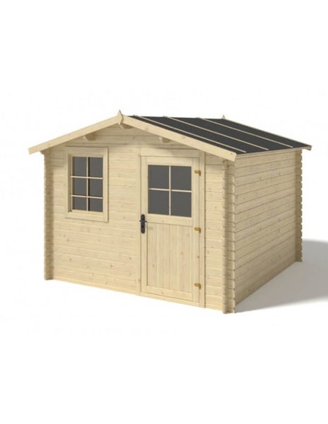 Gartenhaus aus Holz mit Satteldach, einer Tür mit Fenstereinsatz und einem Fenster an der Vorderseite.