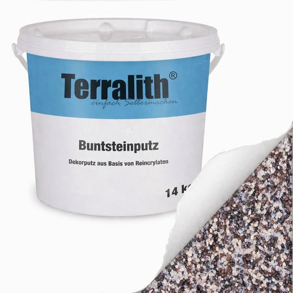 Terralith Buntsteinputz 14 Kilogramm, Dekorputz auf Basis von Reinacrylaten mit feiner Steinstruktur.