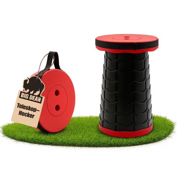 Big Dean Teleskop-Hocker, zusammengefaltet und ausgezogen
