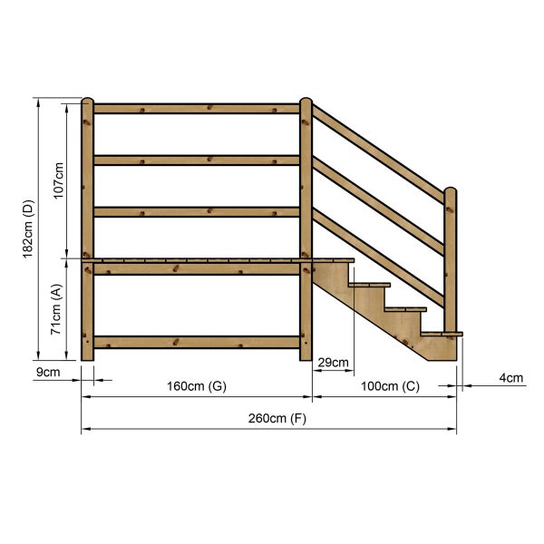 Technische Zeichnung einer Holzterrasse mit Treppe und Geländer mit Maßangaben