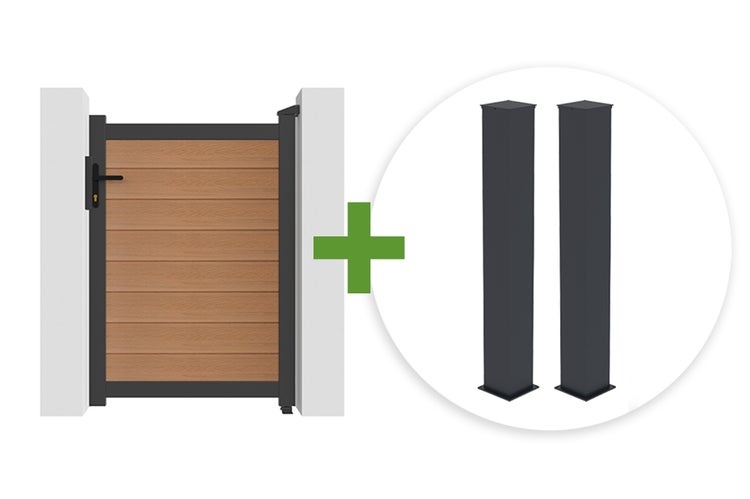 Gartentor Set mit horizontalen Lamellen in Holzoptik, Aluminiumrahmen und zwei passenden Zaunpfosten.