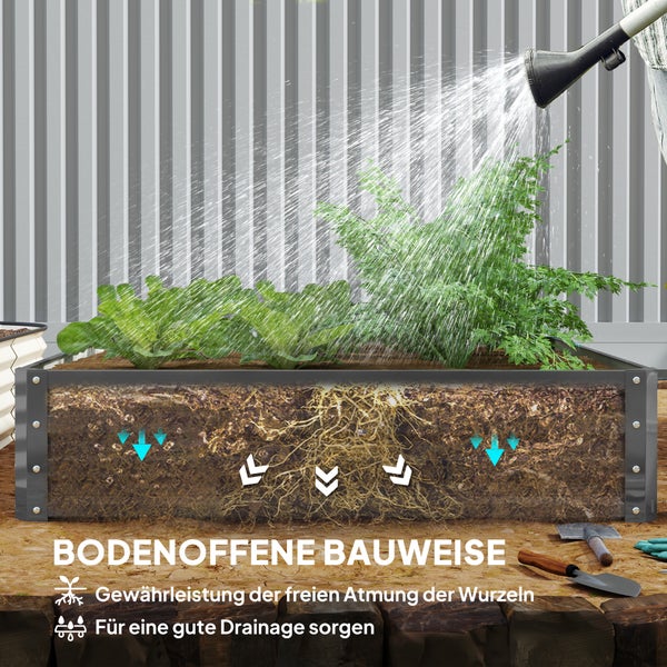 Hochbeet mit Gemüsepflanzen wird bewässert, Darstellung des Wurzelsystems und der Drainage.