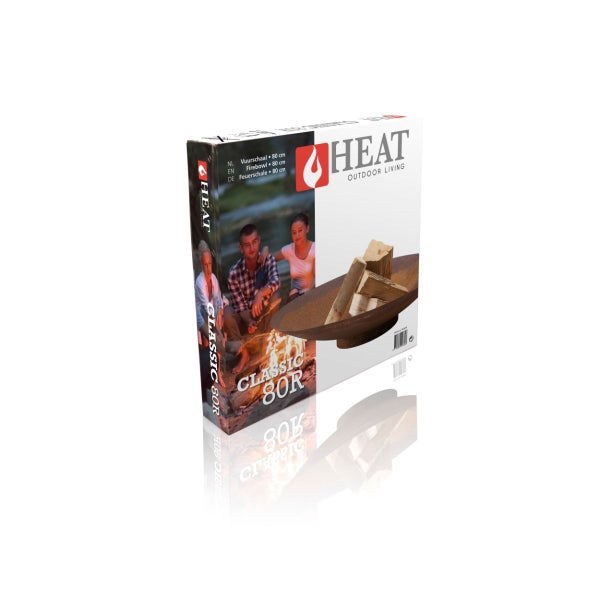 HEAT Outdoor Living Feuerschale Classic 80R, 80 Zentimeter Durchmesser, in der Produktverpackung.