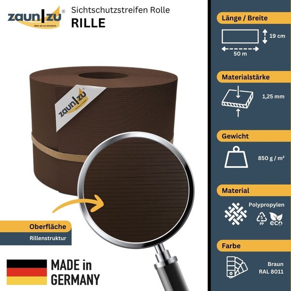 Zaun zu Sichtschutzstreifen Rolle Rille aus Polypropylen, 50 Meter lang und 19 Zentimeter breit
