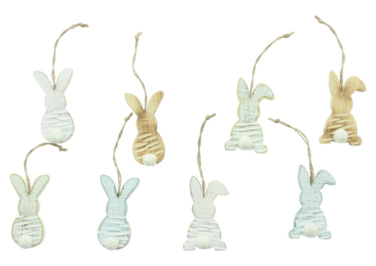 FRANK FLECHTWAREN | Hasenhänger Pastell, 8er Set, HOLZ, SISAL, 6 x 1 x 8,5 cm