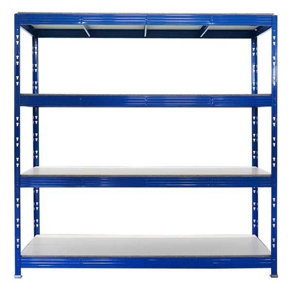 Blaues Metallregal mit vier Ebenen und weißen Regalböden.