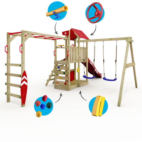WICKEY Spielturm Klettergerüst Smart Baboon mit Schaukel und Rutsche, Kletterturm mit Sandkasten, Hangelleiter und Spiel-Zubehör - rot