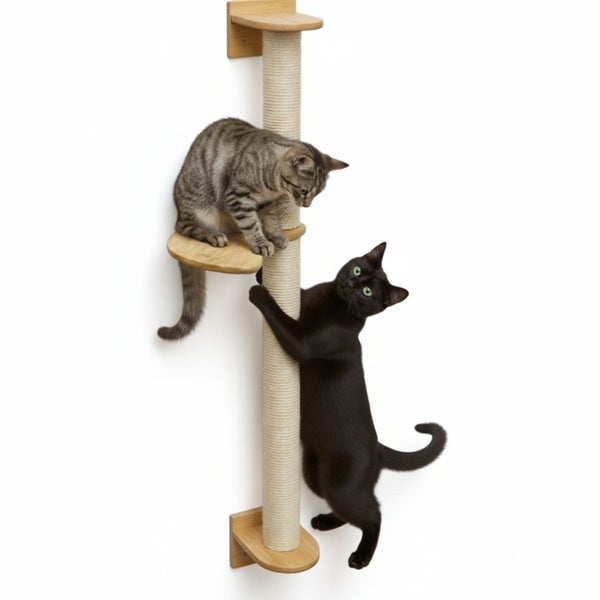 Wandkratzbaum aus Holz mit Sisalstamm und zwei Holzplattformen, an dem zwei Katzen spielen.