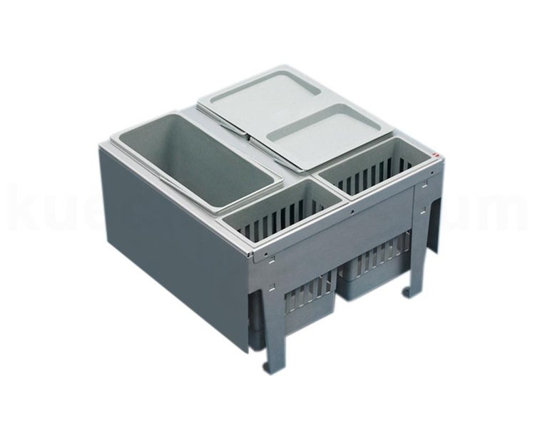 Abfalltrennsystem mit vier Kunststoffbehältern und Deckel für den Einbau in Küchenunterschränke.