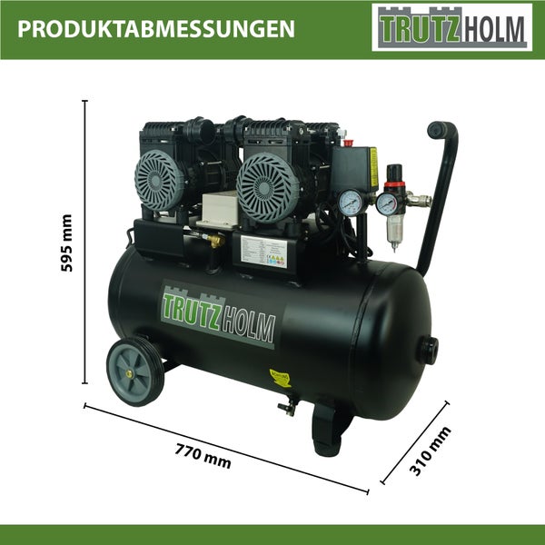 Produktabmessungen Trutzholm Luftkompressor: Länge 770 Millimeter, Höhe 595 Millimeter, Breite 310 Millimeter.