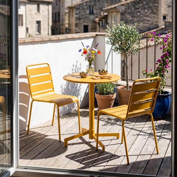 Sonniges Balkonmöbel-Set aus gelbem Metall mit zwei Stühlen und einem runden Tisch auf einer Holzterrasse mit Pflanzen.