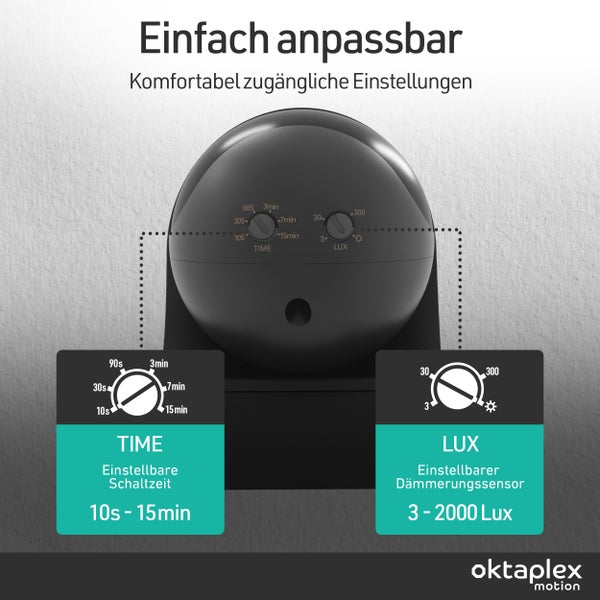 Oktaplex Motion Bewegungsmelder mit einstellbarer Schaltzeit von 10 Sekunden bis 15 Minuten und Dämmerungssensor von 3 bis 2000 Lux.