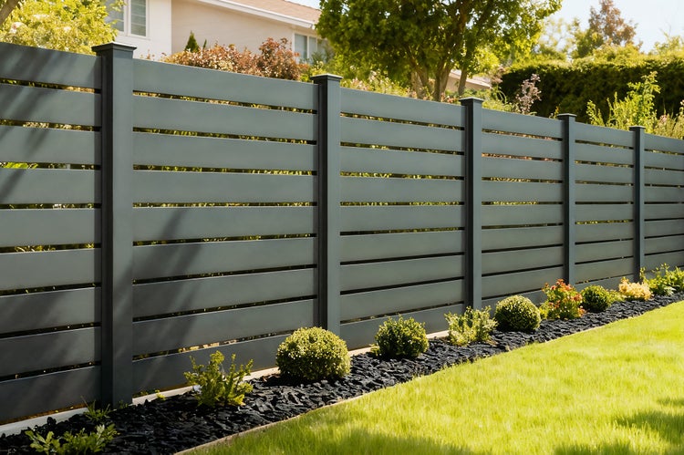Moderner Sichtschutzzaun aus horizontalen Lamellen und stabilen Pfosten