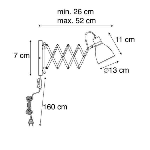 Technische Zeichnung einer Wandleuchte mit Scherenarm und den zugehörigen Maßen