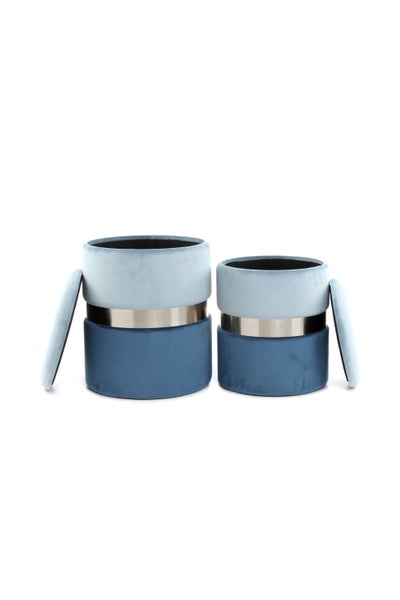 Hocker, 2er-Set gepolstert mit Stauraum Hellblau / Silber / Blau Rund Ø 31,5 / 36 cm