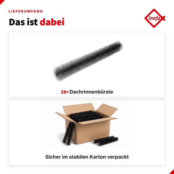 Lieferumfang mit 28 Inefa Dachrinnenbürsten sicher verpackt in einem stabilen Karton.