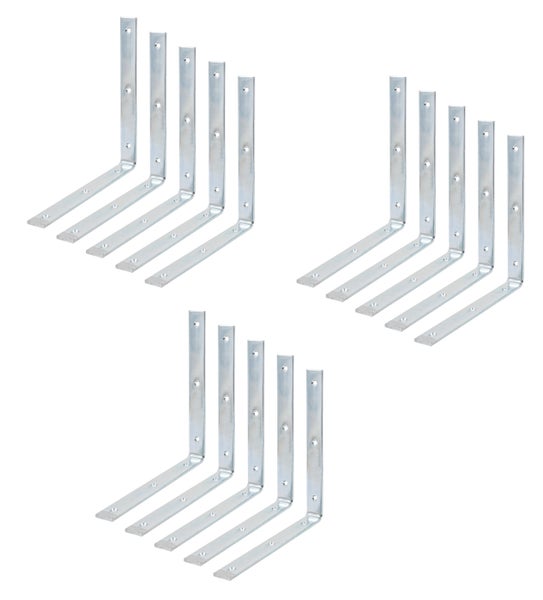 Set aus fünfzehn verzinkten Metallwinkeln in L-Form mit vorgebohrten Löchern zur stabilen Befestigung von Regalböden.