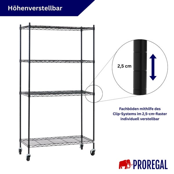 Schwarzes Drahtgitterregal auf Rollen mit vier Fachböden. Detailansicht der Höhenverstellbarkeit im 2,5-Zentimeter-Raster. Proregal Logo.