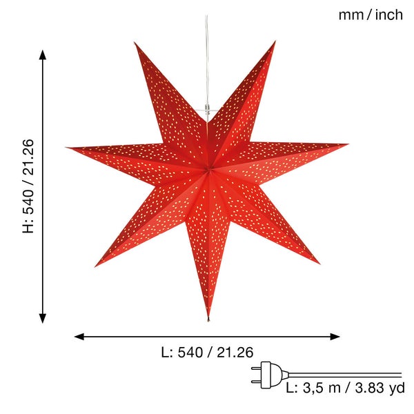 Roter Papierstern mit Maßen und Zuleitungslänge